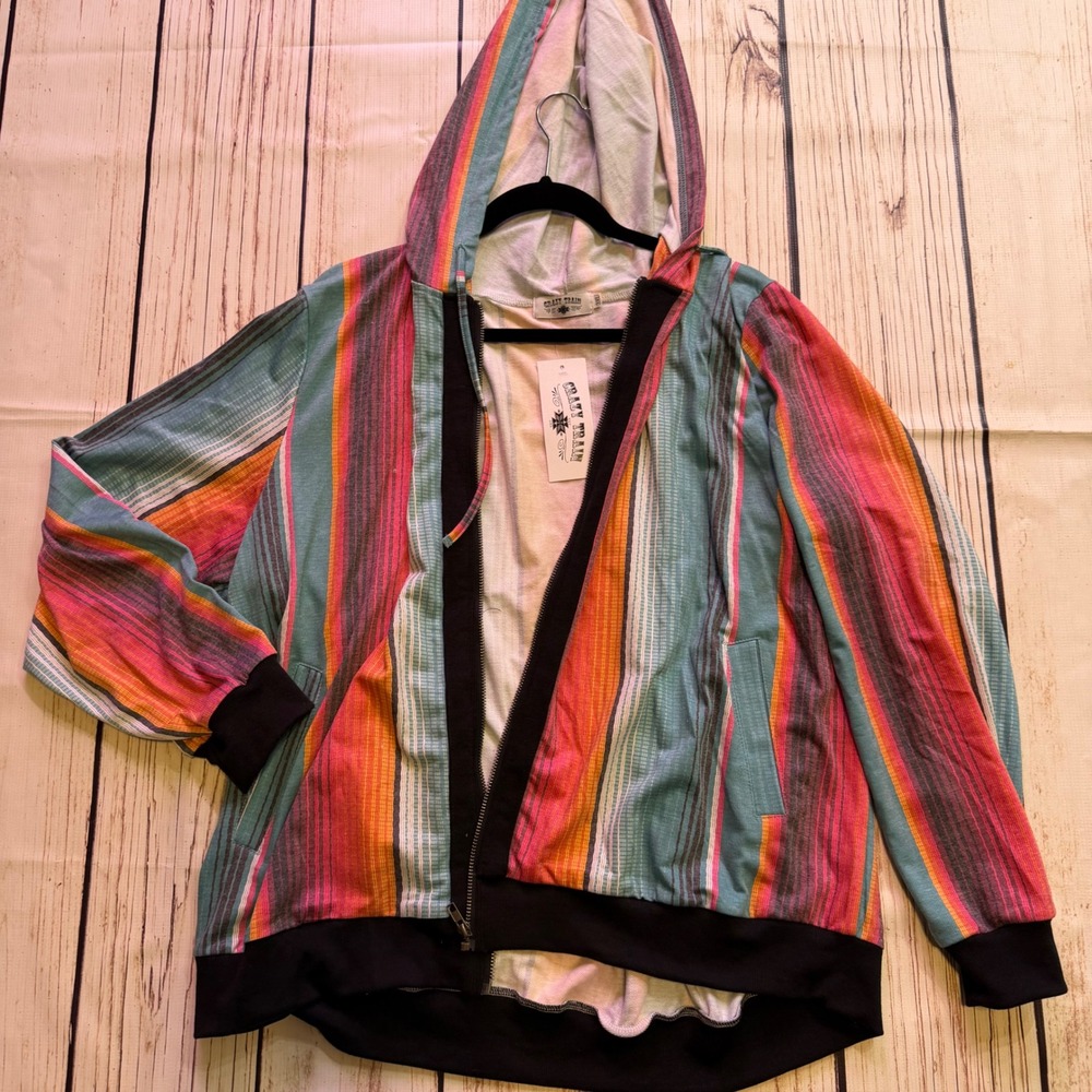 Crazy Train Womens Serape Striped Zip Up Hoodie Multi Color Western Boho 3XL NWT